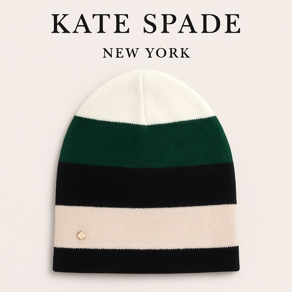kate spade Accessories - Kate Spade Colorblock Beanie – Ivory, Forest Green & Black Knit Hat